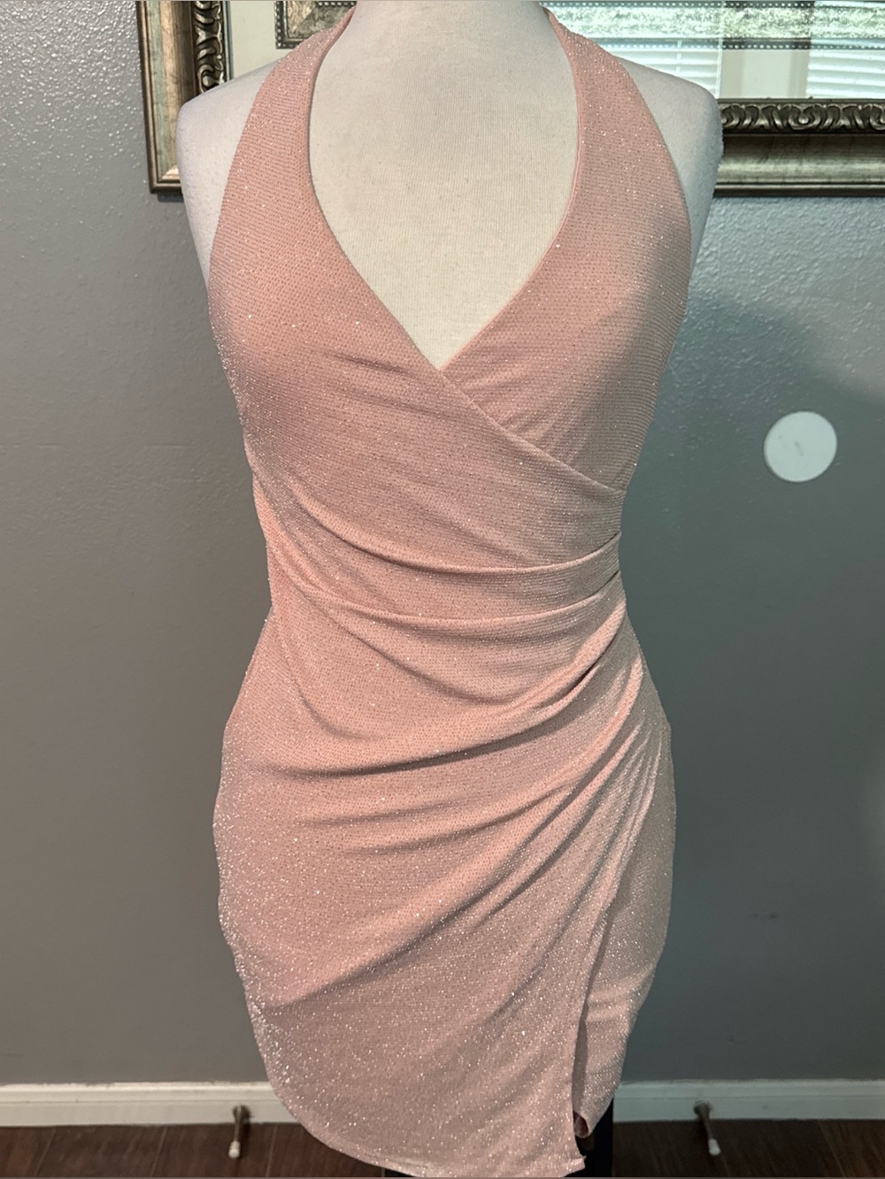 City Studio Shimmer Halter Mini Dress in Blush Pink